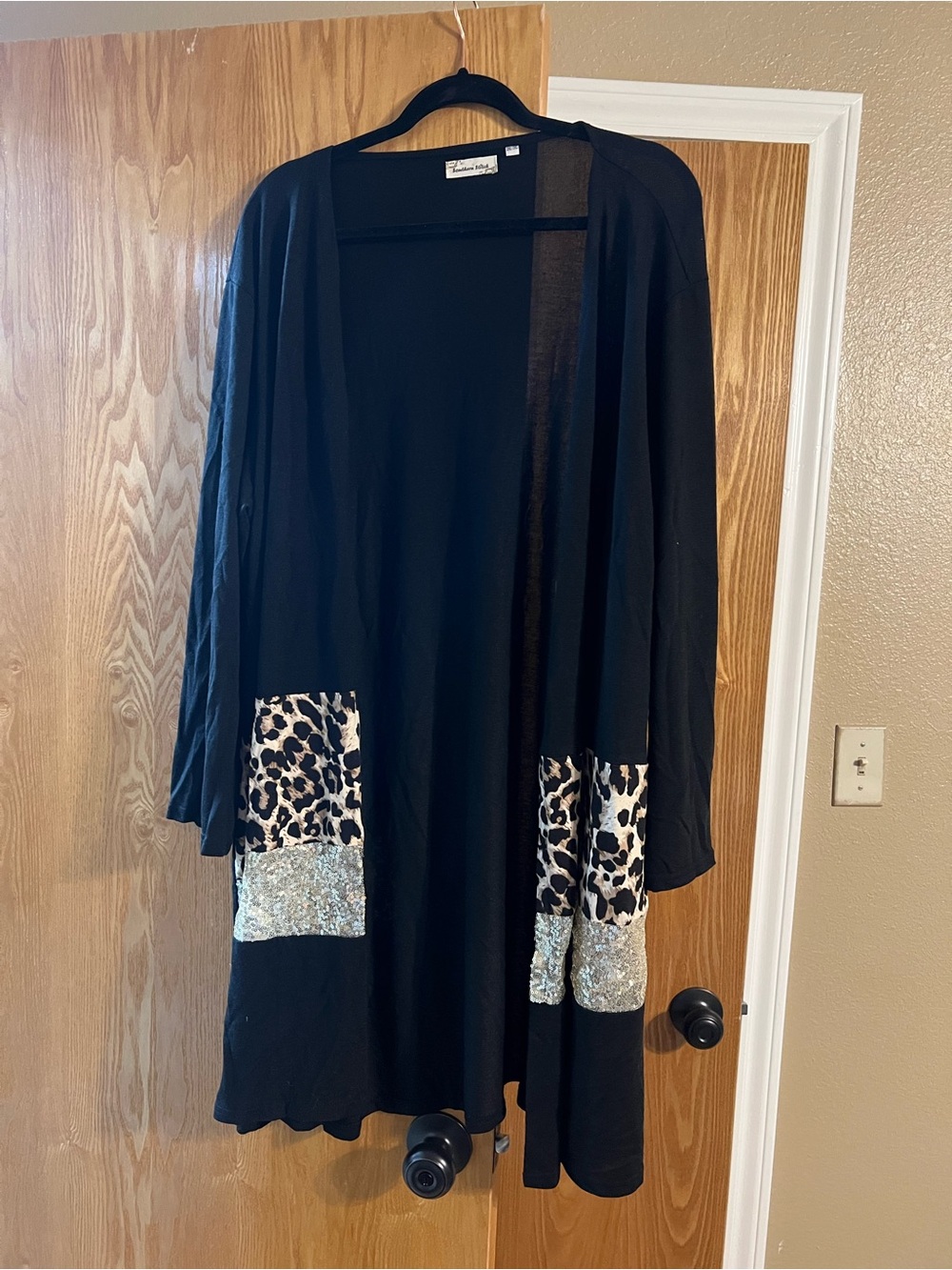Black Open-Front Cardigan with Leopard & Sequin Accent